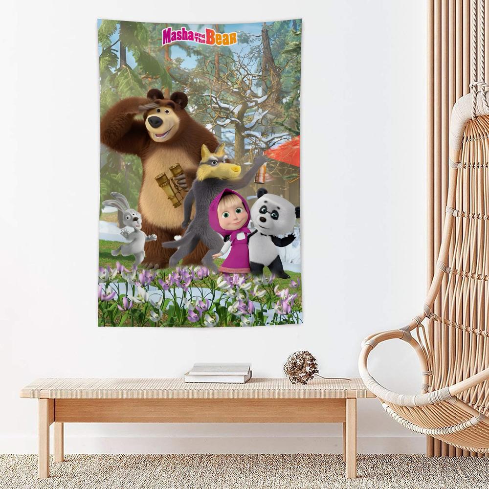 Cartoon MMasha And The Bear Tapestry Microfiber Wall Hanging For Bedroom Living Room Decor Outdoor Festival Bar Background