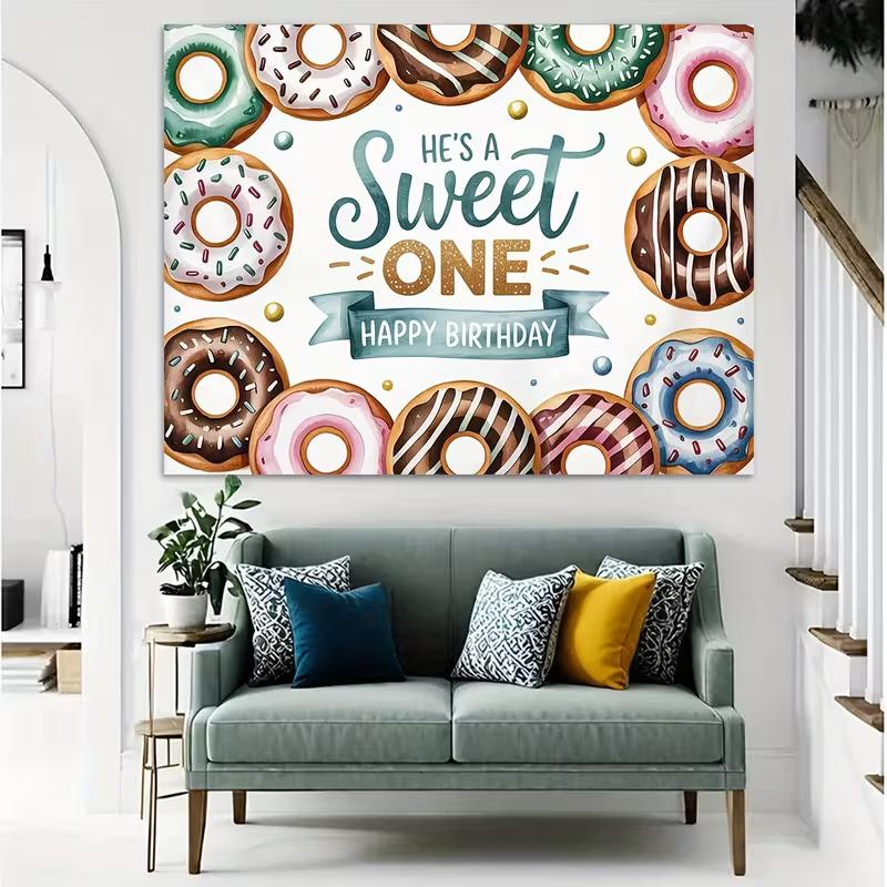 2D Sweet One Donut Themed Backdrop, 1st Birthday Party Photography Background Banner