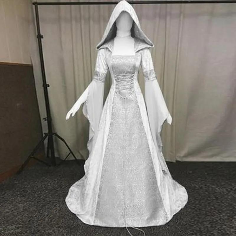 Women Deluxe Witch Dress Medieval Renaissance Maxi Train Dress Halloween Devil Pagan Witch Wedding Cos Costume Hooded Gown Robe
