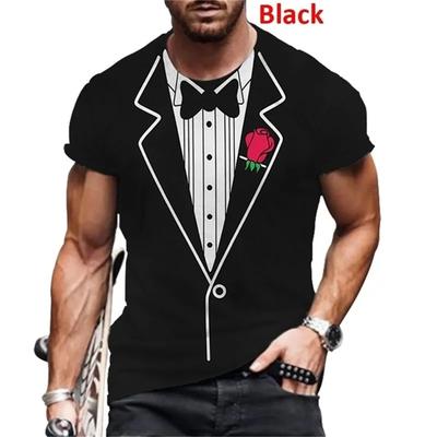 Fashionable Patterns Summer Fake Suit Bow Print Men's T-shirt Tailcoat Tie Fashion Short Sleeve Round Neck Plus Size Comfortable