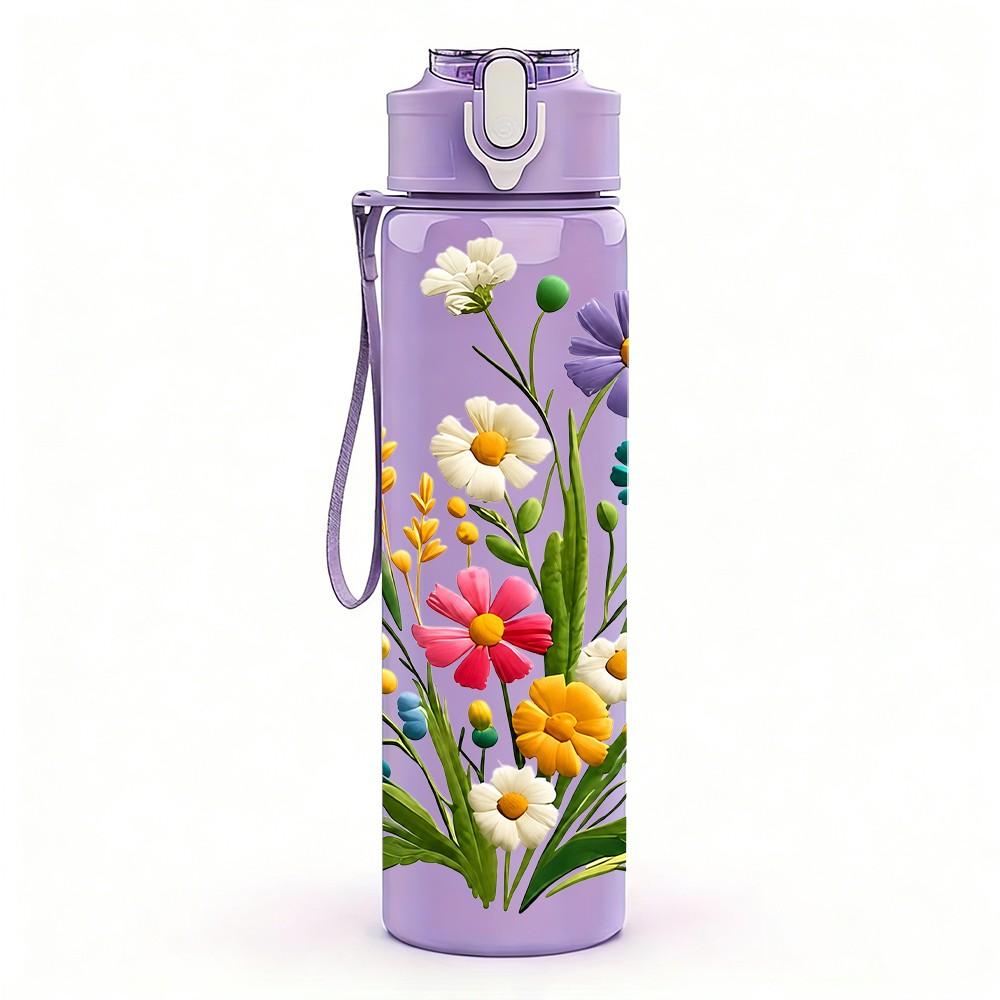 1PC Mixed Wildflower Bouquet Floral Print 750ml Color Plastic Sports Water Bottle Leakproof Flip Straw Lid Suitable for Sports Office Home Use