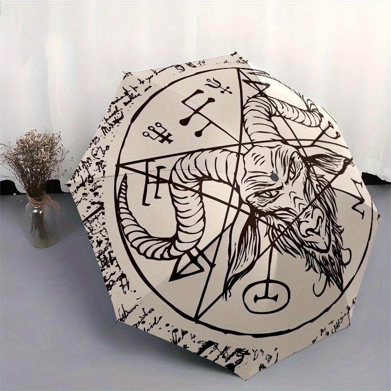 Gothic Occult umbrella with Automatic Open/Close - Baphomet-like Goat Head Design, Pentagrams - Compact 3-Fold Folding umbrell