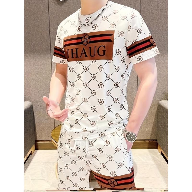 Summer European and American fashionable men s short-sleeved suit 2-piece set, sports and leisure breathable short-sleeved suit S