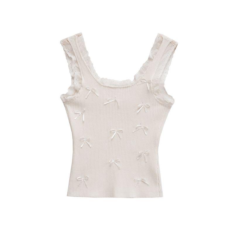 Kaslead New Arrival Women's Fashion Style Fashion Lace Bowknot Decoration Rib Vest 0858317