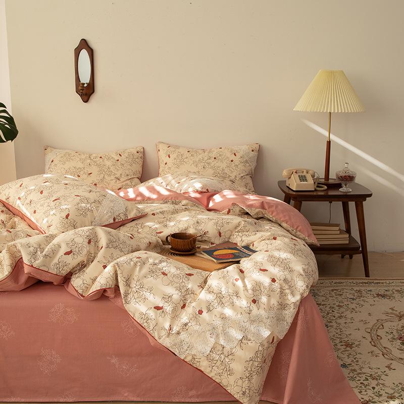 

Простыня из чистого хлопка с цветочным принтом из четырех предметов, пододеяльник, маленький свежий хлопок, комплект из трех предметов для кровати в стиле принцессы 1.2m bed sheet 3pcs