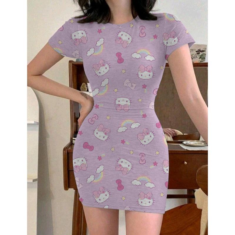 Y2k Fashion Women's 2024 Summer Sexy Tight Mini Dress Party Hello Kitty Printed Loose Short Dress