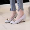 Fashion Women Autumn Round-toe Metal Bow Rhinestone Chunky Heels Single Shoes Elegant Heel Women's Shoes Fashion Soft Leather Work Pumps
