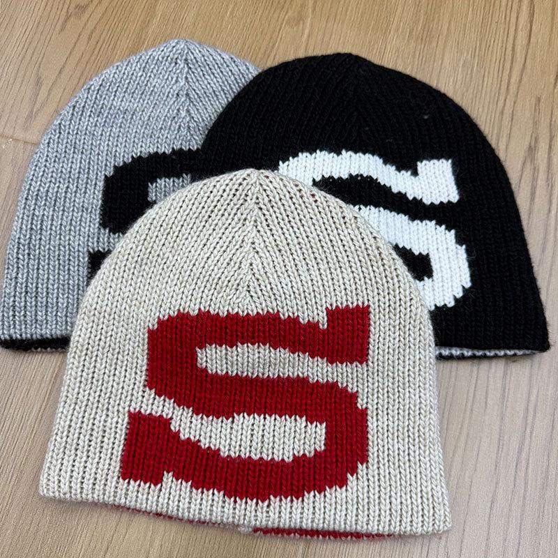 New retro letter personalized knitted hat for men and women winter warm and windproof dome brimless wool hat