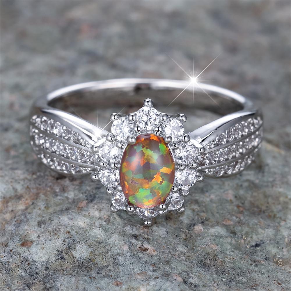 Roter Opal Ovaler Stein Sonnenblumen Ringe Für Frauen Vintage Silber Farbe Weiß Zirkon Eheringe Geburtsstein Geschenke