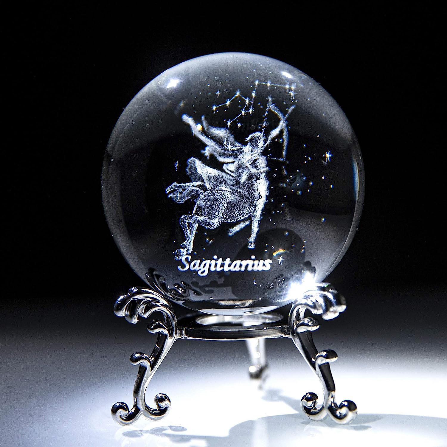 

3D-внутрішнє різьблення Сузір’я Куля Кришталевий прес-пап’є Повна сфера Скляний фен-шуй із сріблястою підставкою для квітів Sagittarius