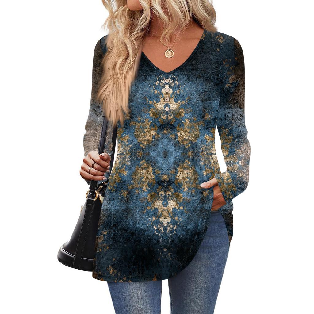 Women's Fashion Casual Long Sleeve Solid Color Shirt Women's V-Neck Tops
