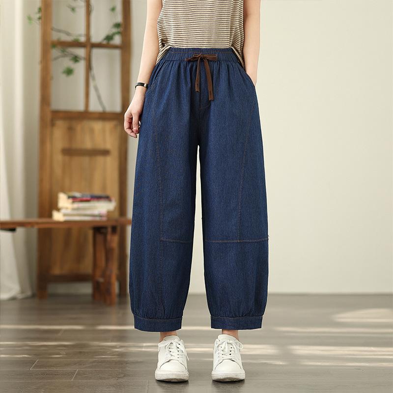 

Эластичные джинсовые брюки с высокой талией женские летние джинсовые брюки 9 дюймов однотонные повседневные женские брюки гаремы 2025 2XL темно-синий