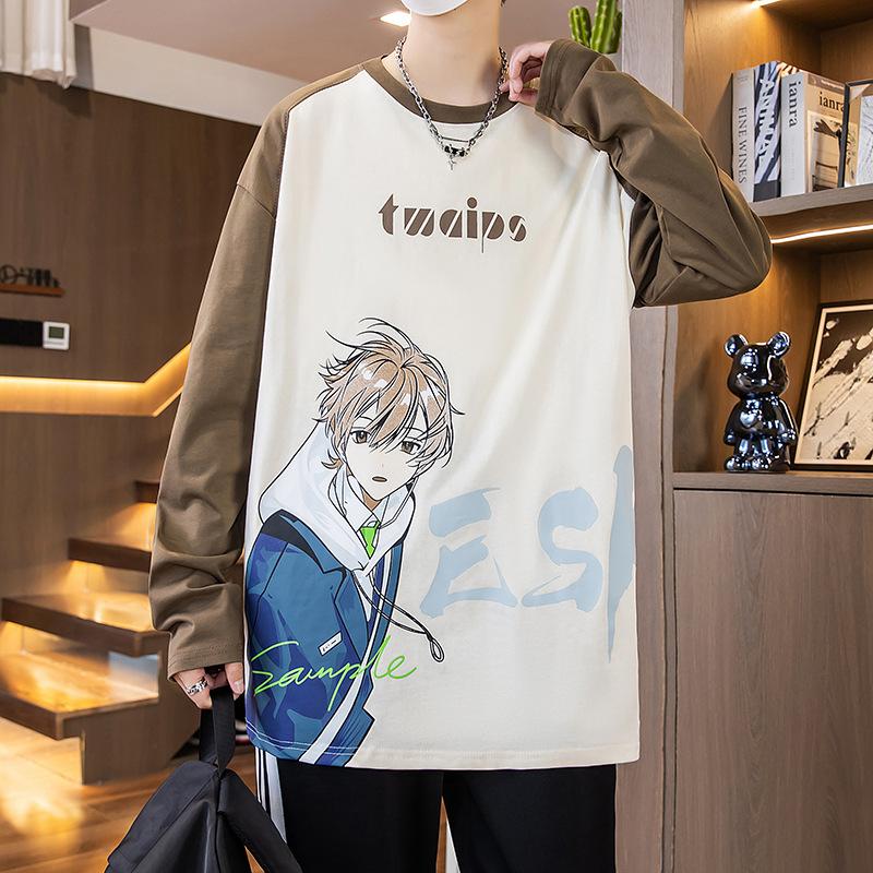 Herbst Langarm T-Shirt Teenager Herren Vielseitiges Lockeres Oberteil Cartoon Bedrucktes Unterhemd Lässiger Pullover