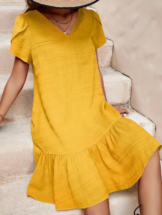 V-Neck Solid Color Loose Casual Short-Sleeved Dress