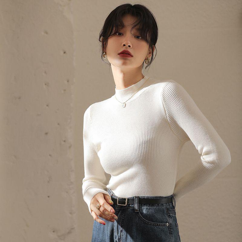 Women's Autumn Winter Turtleneck Sweater Short Length Long Sleeve Knitted Base Layer Slim Fit Pullover Top