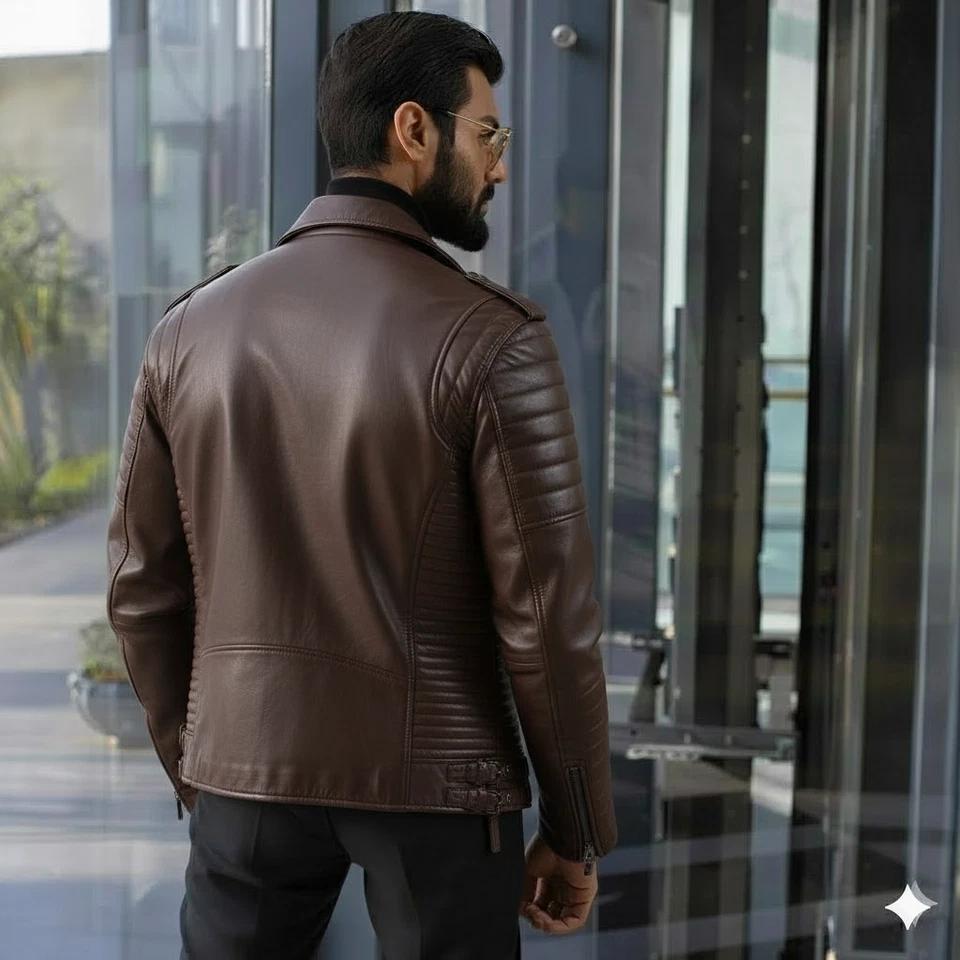 Lambskin Leather Brown Men's Handmade Jacket Real Motorcycle Biker Stylish Causal