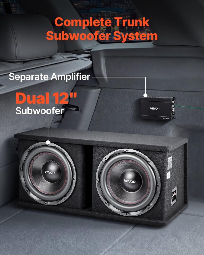 Subwoofer Bass Package, 305mm, 1200W RMS, Dual Car Audio Subwoofer and Amp Package, with Loaded Enclosure, Separate Amplifier, and Wiring Kit, for