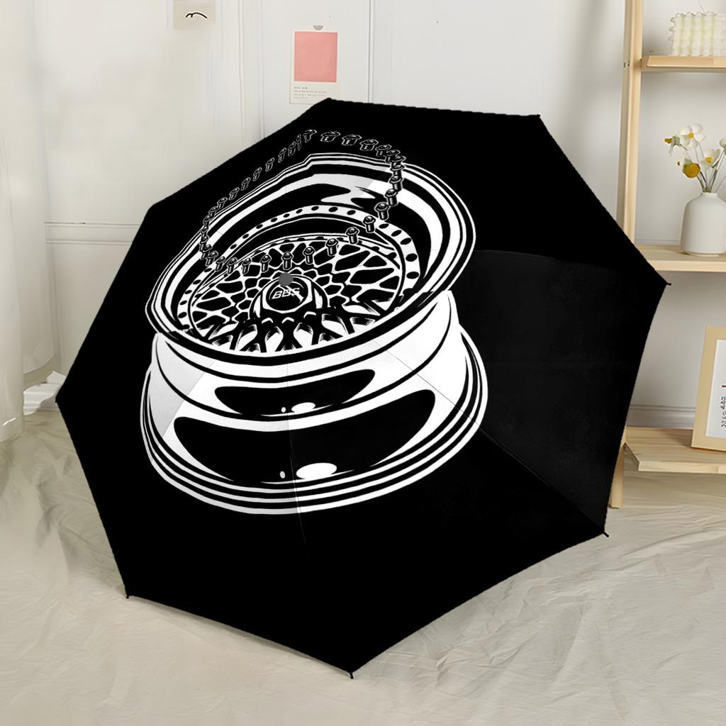 Rustic Wheel Design Outdoor Automatic Umbrella Compact & Durable 8-Rib Design Durable Plastic & Iron All-Season Use Outdoor Accessory