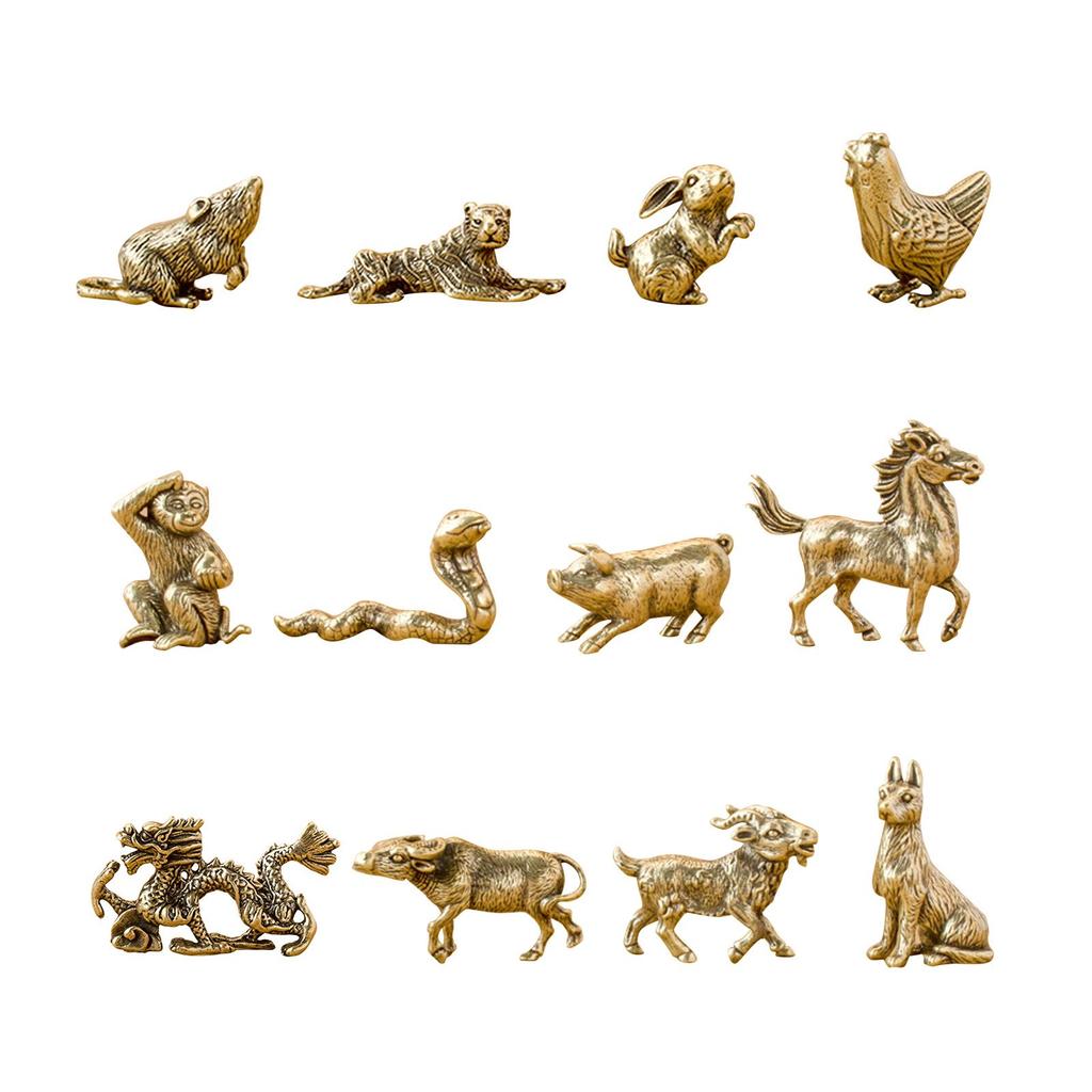 12 Pieces Chinese Zodiac Set Brass Figurine Vintage Birthday Gifts Animal Statue Mini Statues