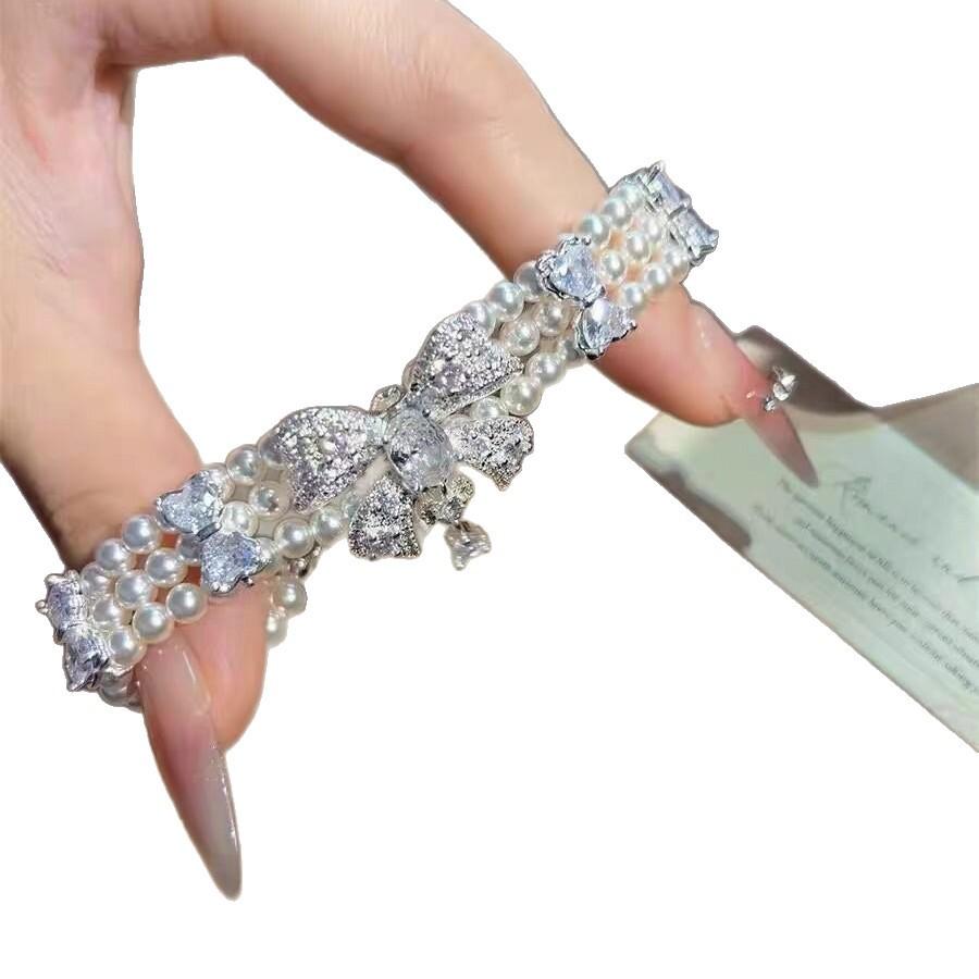 Premium Multi-layer Pearl Winding Bracelet Heavy Industry Luxury Retro French Diamond Bow Light Luxury Niche Bracelet