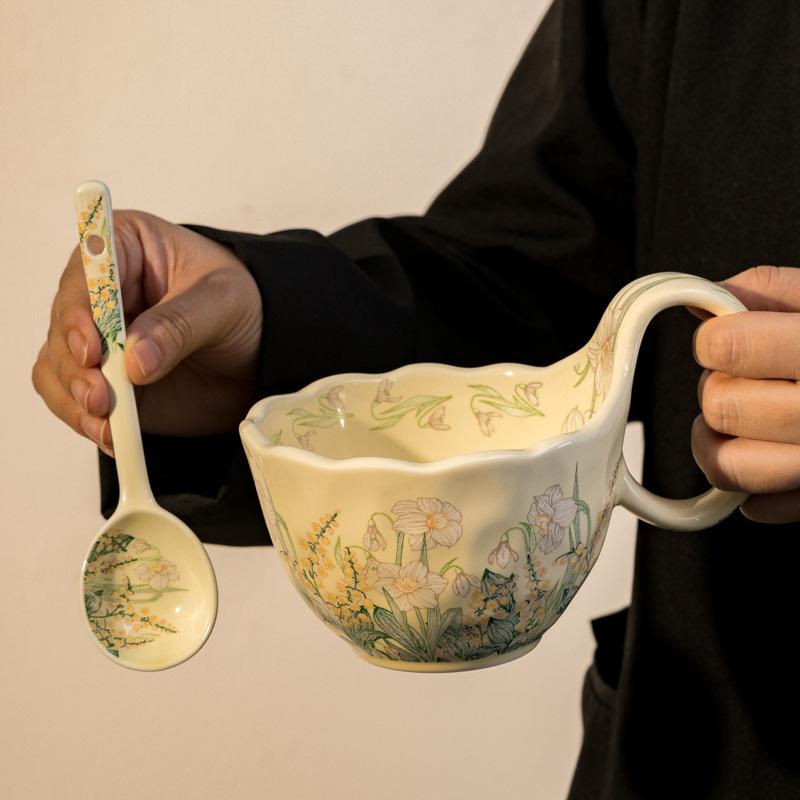 Keramiktasse Henkeltasse mit Löffel Frühstückstasse Müslischale Tasse für heiße Milch blühende Kaffeetasse Untertasse Schale