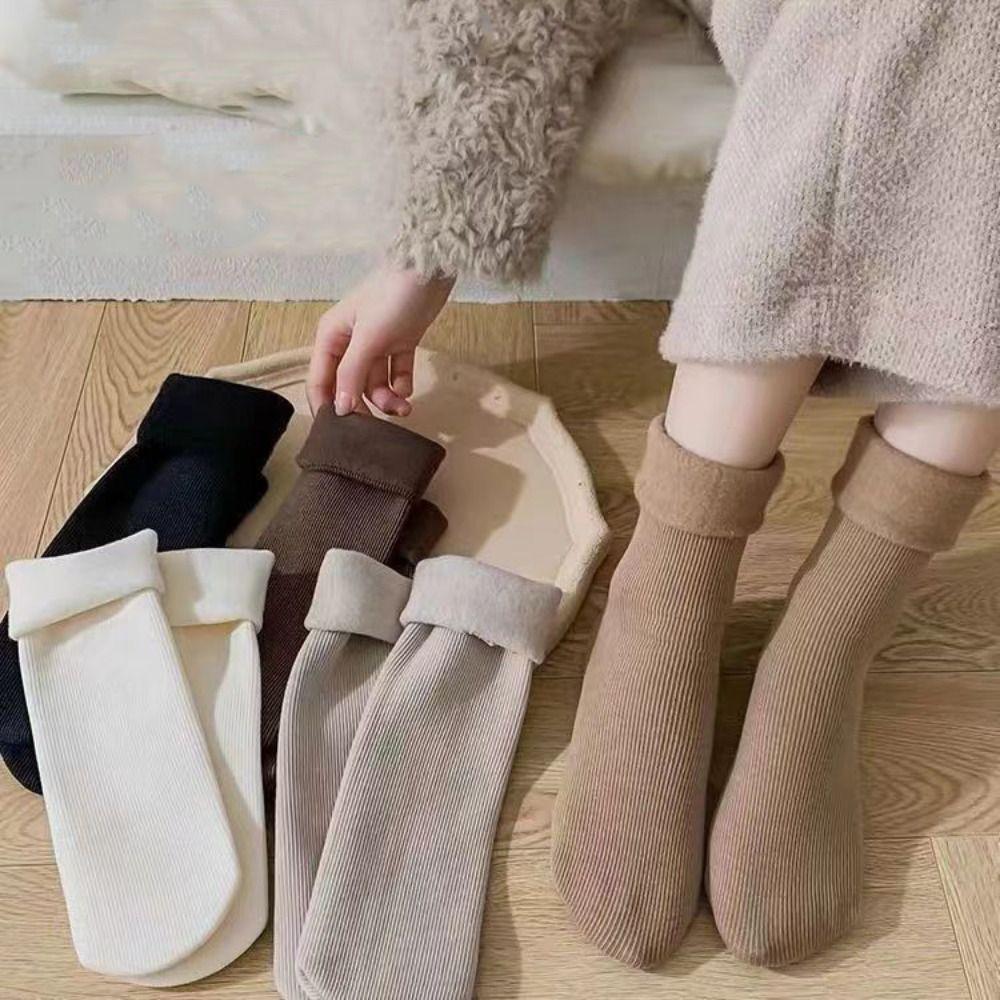 5Pairs Solid Color Thicken Warm Socks Stripe Winter Socks Women Thermal Mid Length Socks  Hosiery