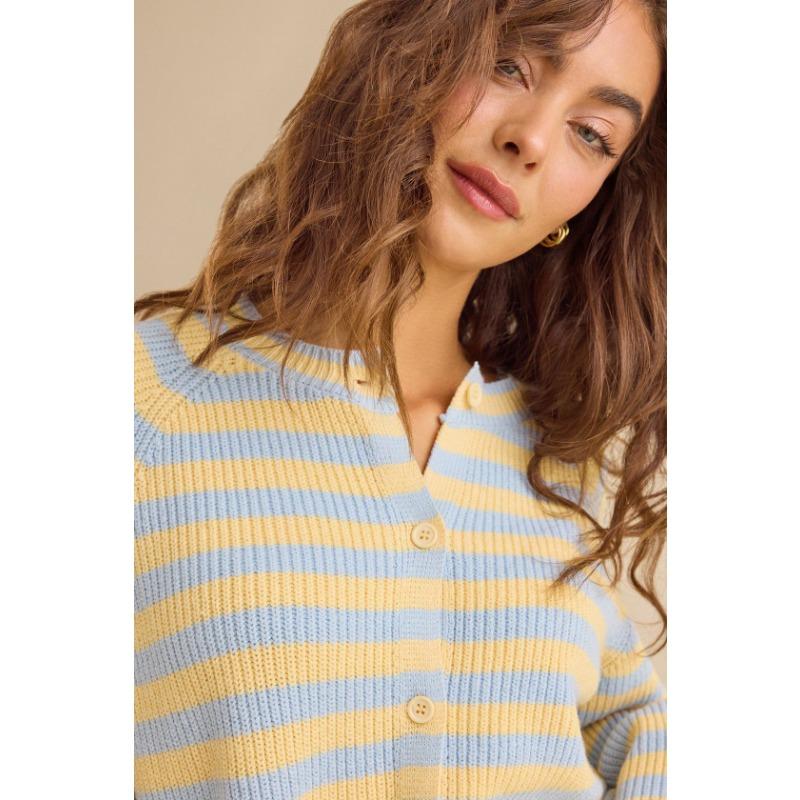 Women S Striped Crew Neck Loose Long Sleeve Knit Cardigan