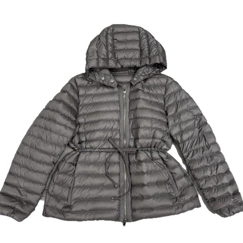Autumn and winter new fashion hooded ribs strips drawstring waist light short white duck down jacket women's coat