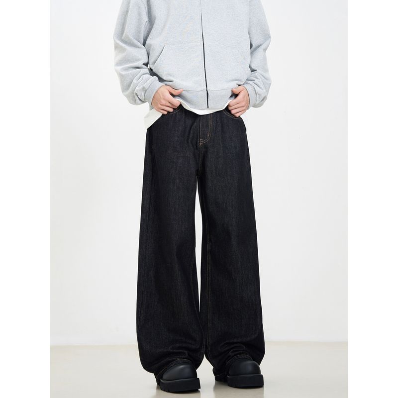 Kisko American Retro Washed Basic Cleanfit Black Jeans Unisex Loose Straight Versatile Pants