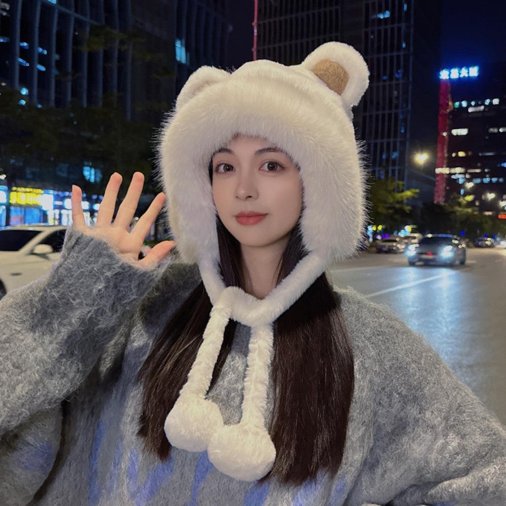 Plush Bear Hat Cute Face Small Windproof Warm Ear Protection Versatile Pullover Hat