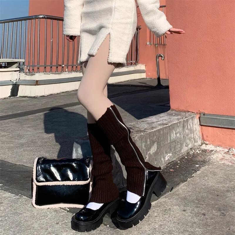 

Осенние и зимние женские вязаные носки однотонные на молнии гетры кофейный