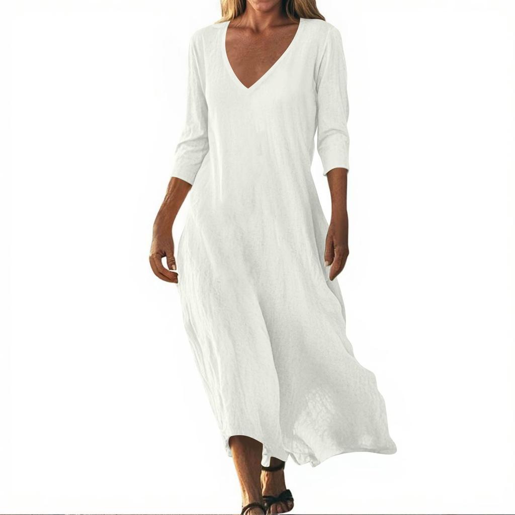 Lässiges Sommerkleid mit Print, 3/4-Ärmeln, Ausschnitt, locker, Strandkleid