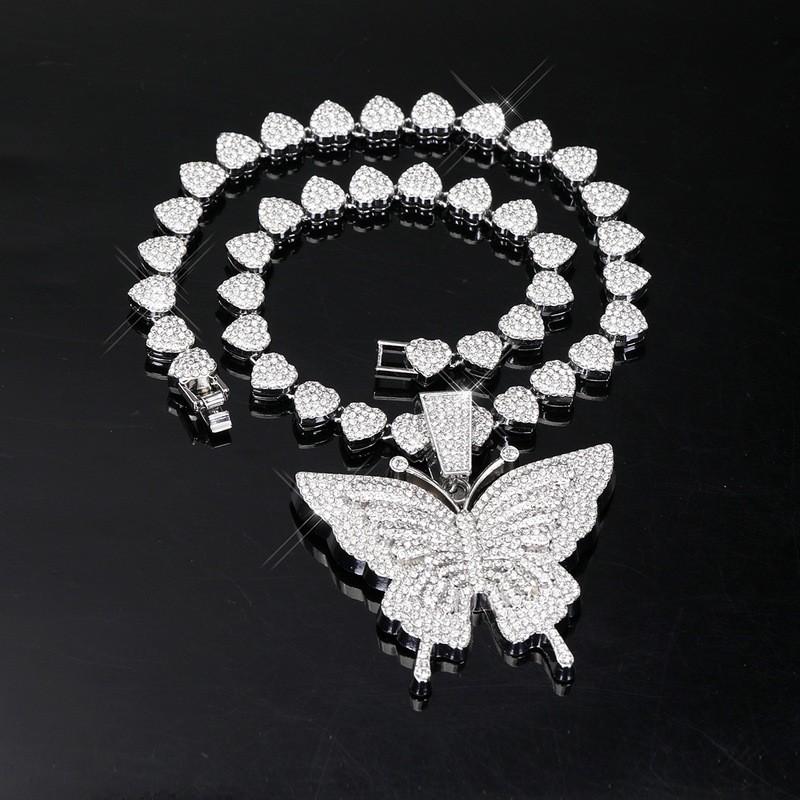 Butterfly Crystal Pendant Necklace Alloy Chain Choker Style Women Men Hip Hop Fashion Jewelry Silver Heart Butterfly Rhinestone Necklace