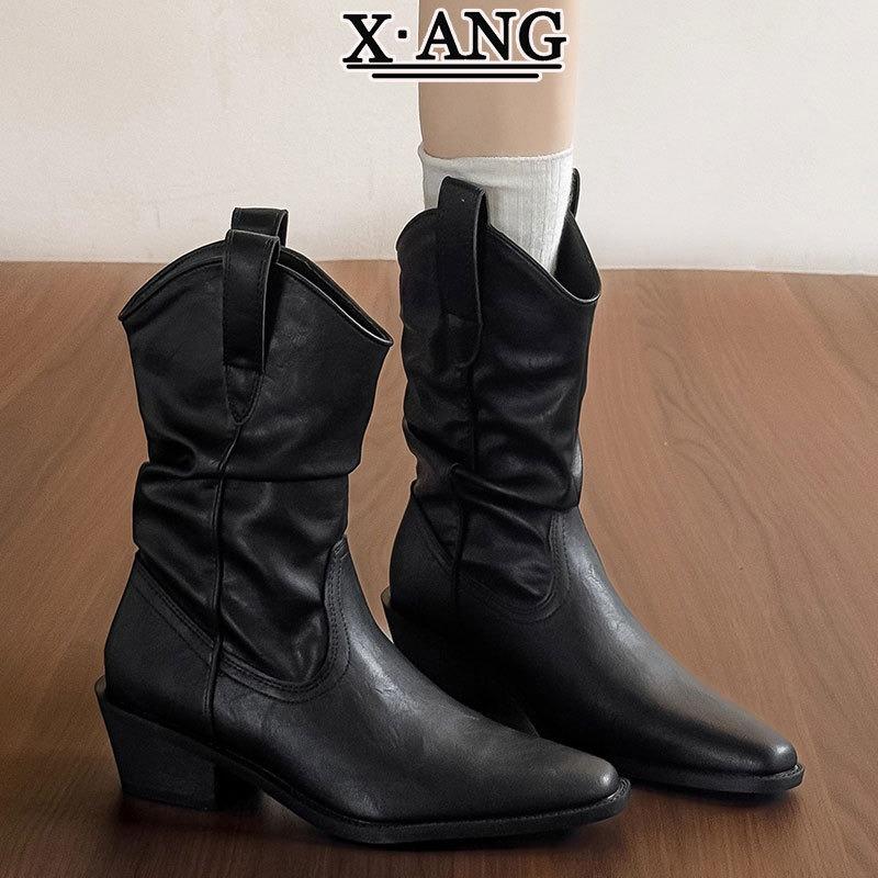 Cowhide Maillard Barn Wind Boots Women's Pointed Heel Pile Boots Medium Boots Western Cowboy Boots Martin Boots