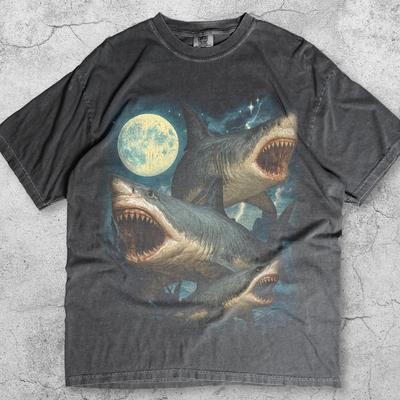 Great White Sharks Vintage T-Shirt, Retro Shark Moon Graphic Tee, Ocean Predator Y2K Shirt, Sea Creature Graphic, Marine Biology Gift
