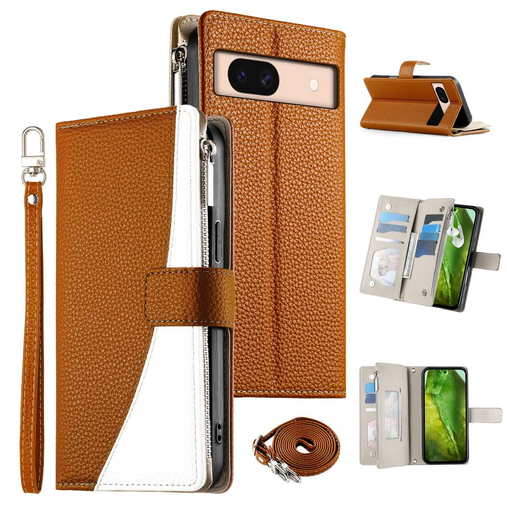 For Google Pixel 8a Case Zipper Wallet Color Splicing Leather Flip Phone Cover with Straps