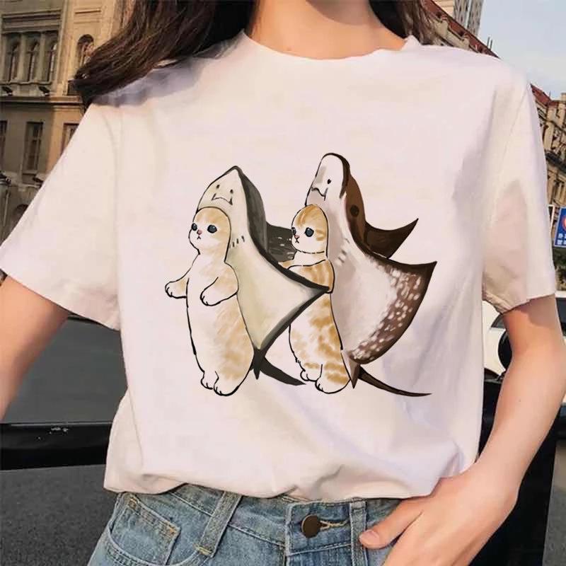 Sommer Damen T-Shirt Fun Kawaii Cartoon Katzen Print Harajuku High Street Casual Vielseitige Rundhals Kurzarm Tops
