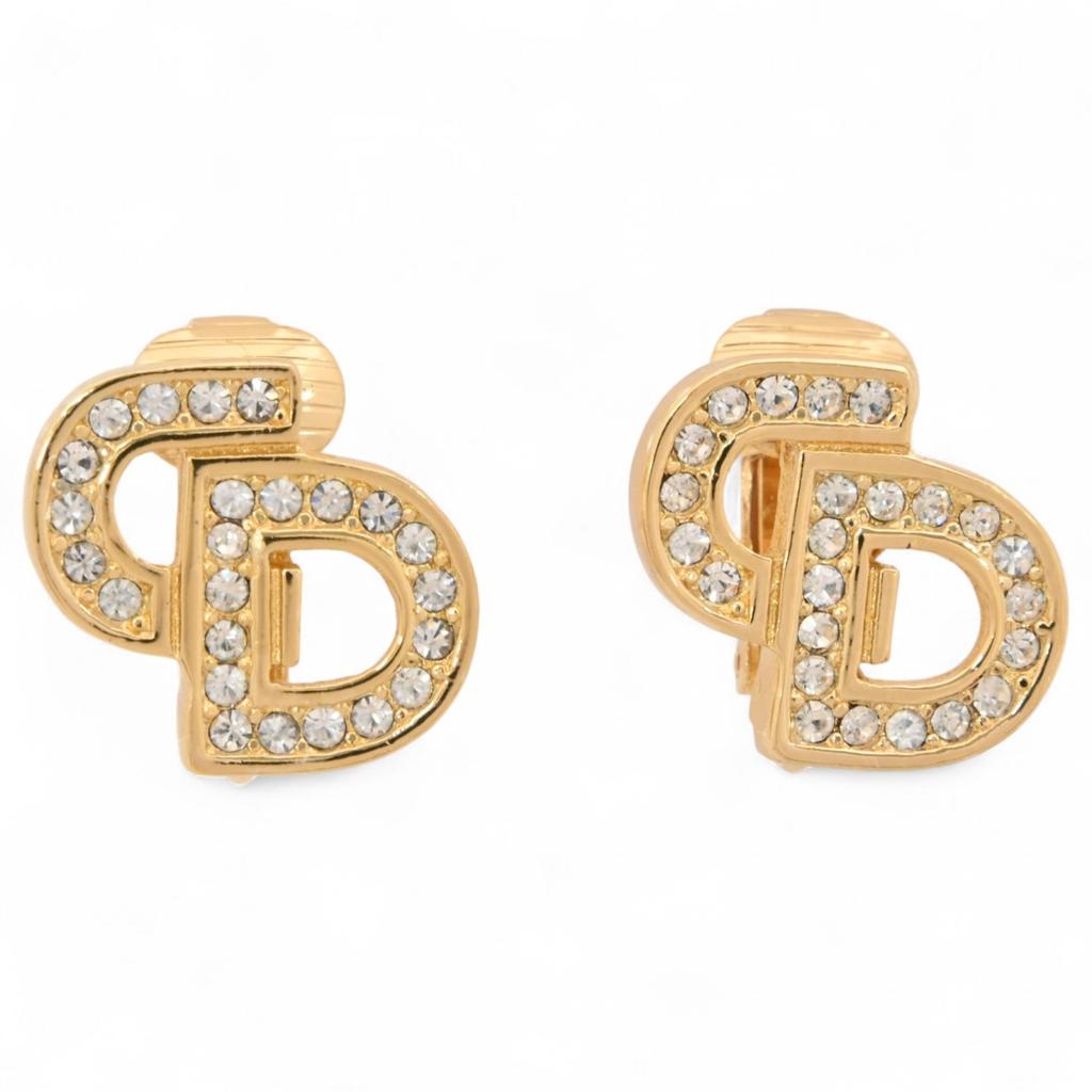 Auth DIOR CD Logo Rhinestone Earrings Jewelry Vintage Gold Tone Di2207ju