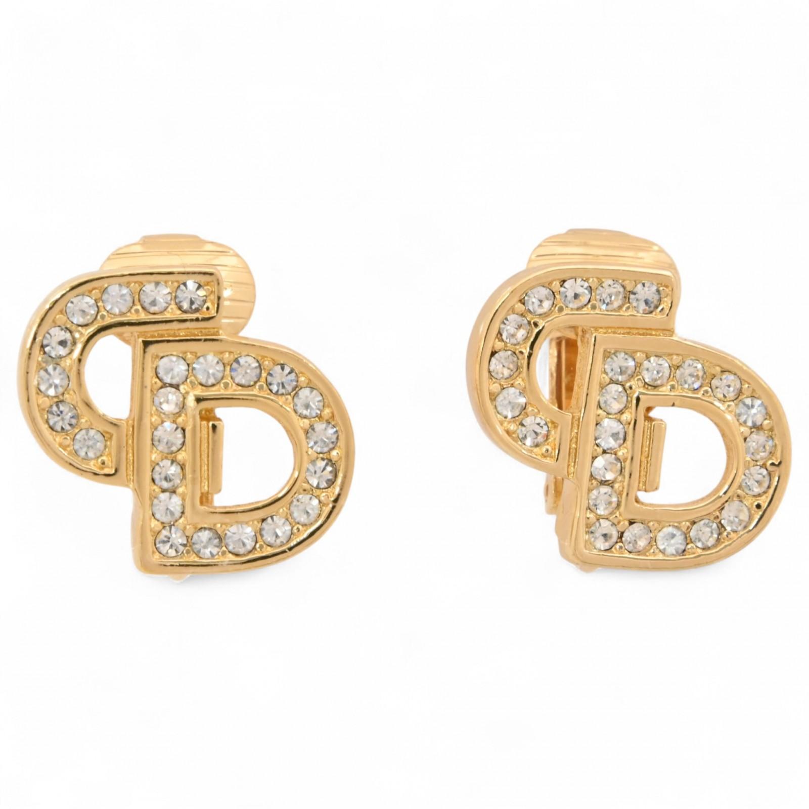 

Auth DIOR CD Logo Rhinestone Earrings Jewelry Vintage Gold Tone di2207ju
