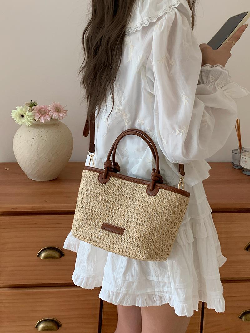 

Summer Vacati Women s Beach Straw Shoulder Bag Retro Design Ladies Portable Crossbody Bags Knot Basket Woven Tote Handbags коричневый
