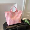 This Water-Resistant Pvc Tote Bag Features A Pink And Blue Striped Design, A Large Capacity, And Is Suitable For Beach Shopping,