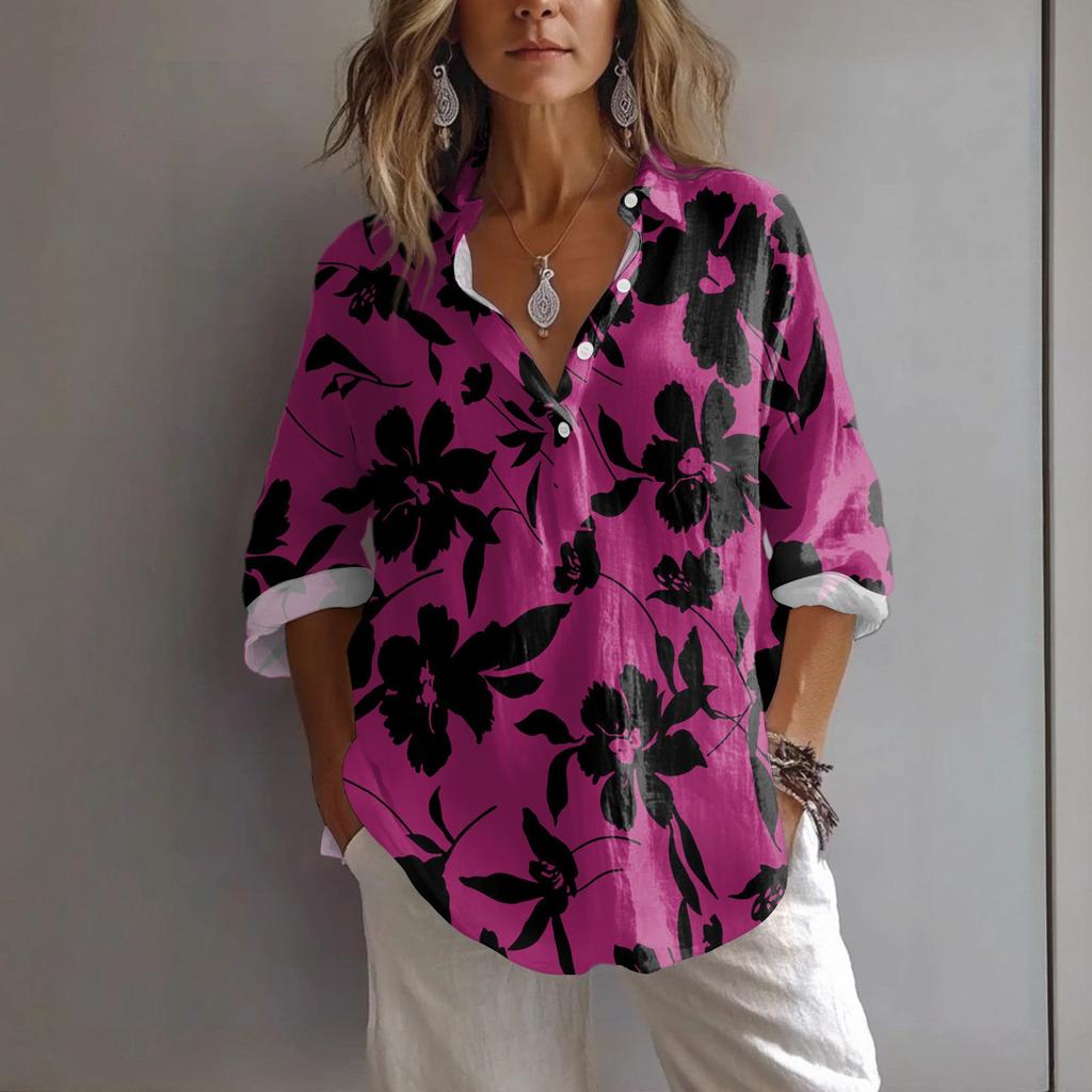 Women's Casual Spring And Summer Loose Printed Casual Sleeved Lapel Pullover Shirt