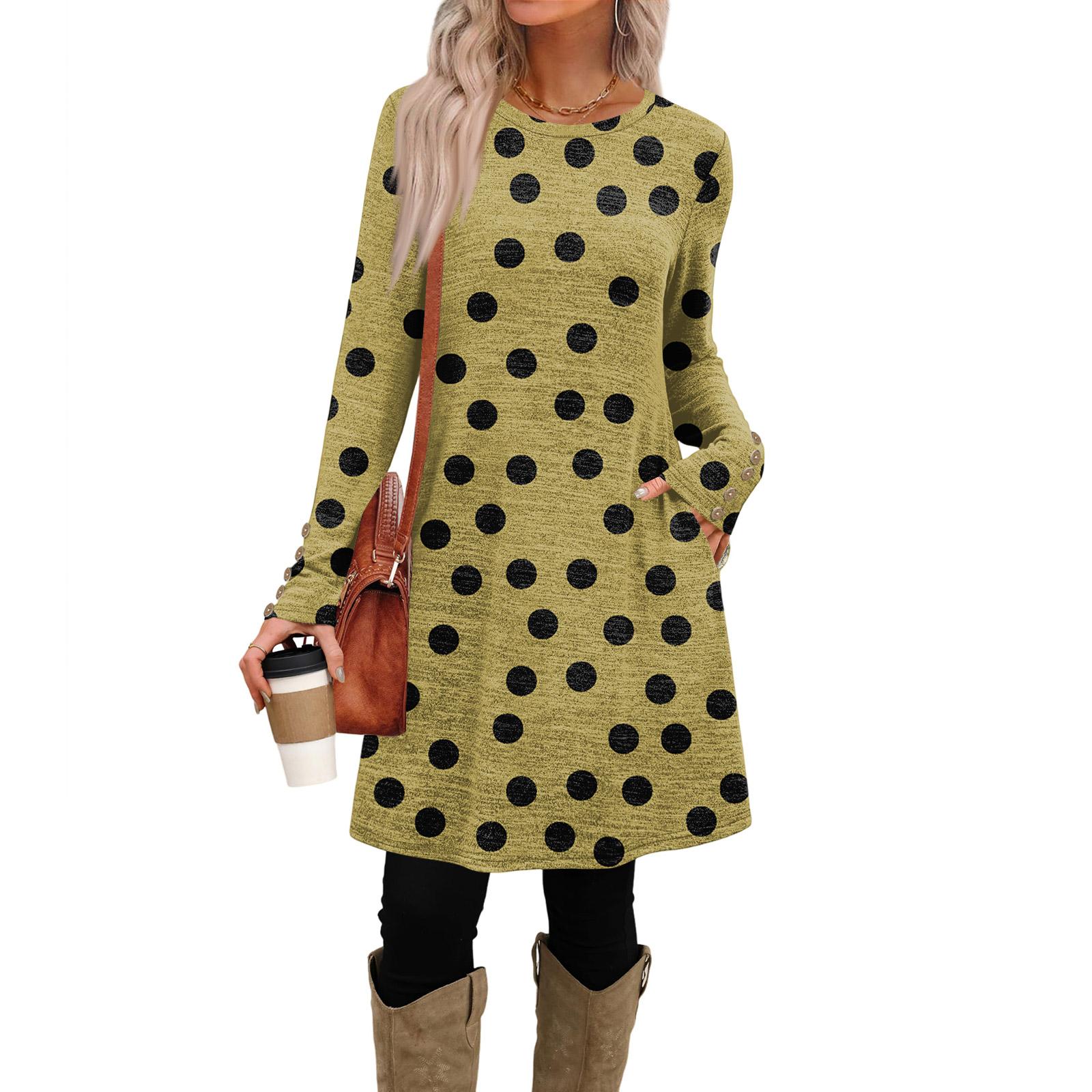 

Women s Fashion Casual Dress With Pockets, Decorative Buttons, Polka Dot Prints, Round Neck And Long Sleeves M