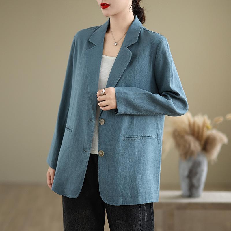 Autumn New Cotton and Linen Artistic Loose Fitting Suit Collar Long Sleeved Small Suit Jacket Tempering Women's Top