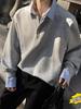 Unisex Korean Style Fleece-Lined Color Block Patchwork Hoodie with Loose Lapel