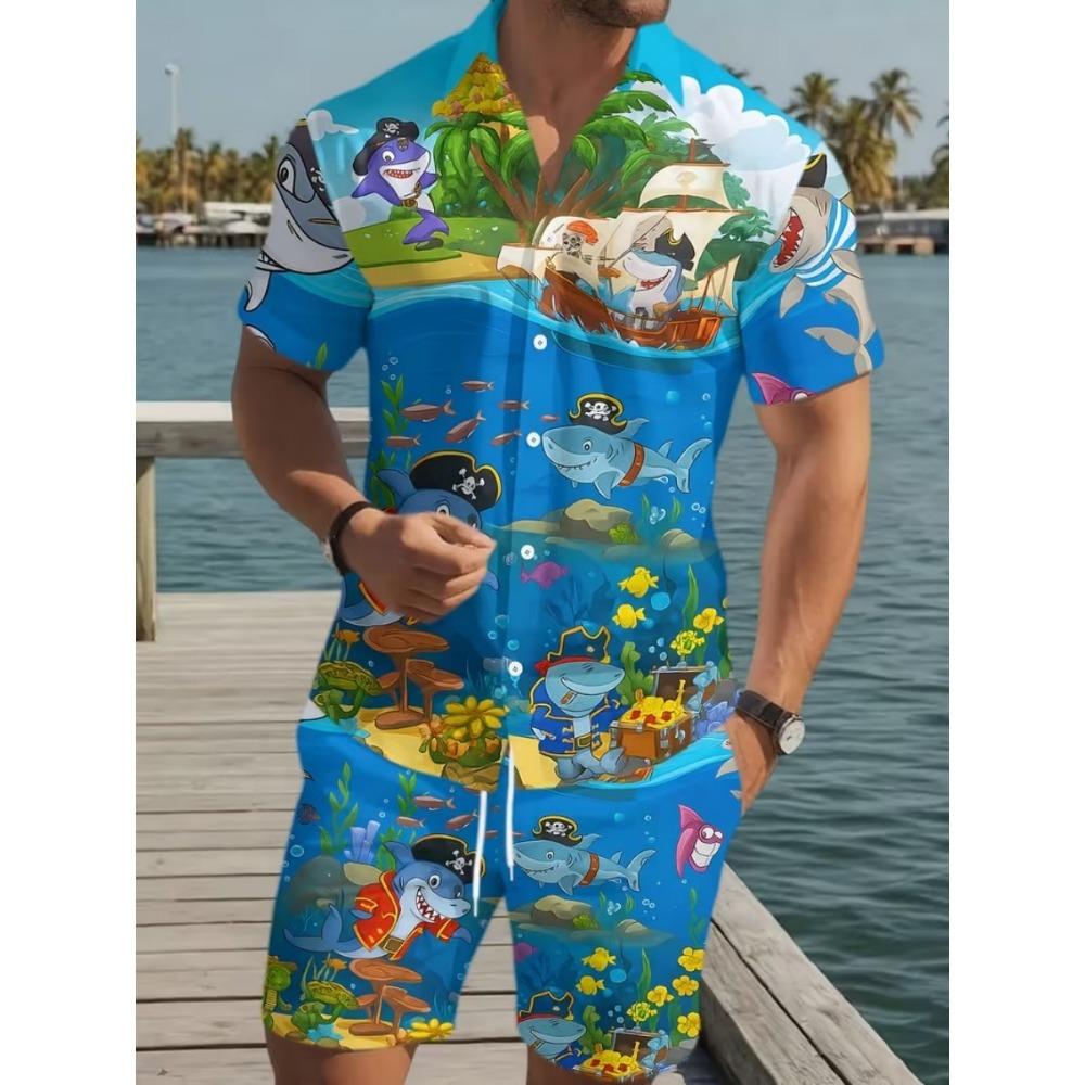 Completo estivo a maniche corte da uomo e da donna Stampa con motivo irregolare Stile marino Moda Camicia con bottoni Top Pantaloncini corti