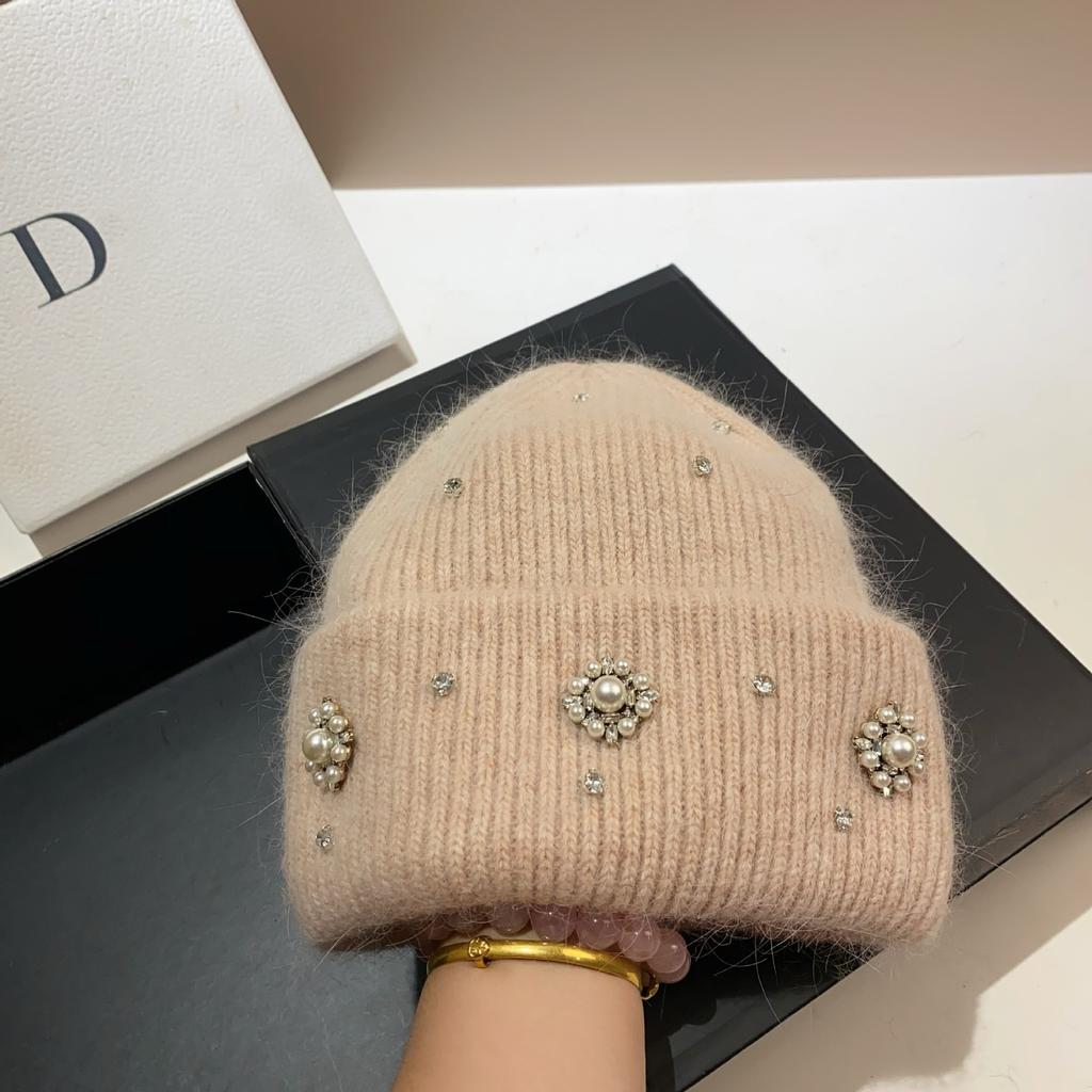 Palace Rhinestone Rabbit Fur Knitted Hat Princess Sweet Celebrity Xiaoxiangfeng Warm Ear Protection Wool Hat