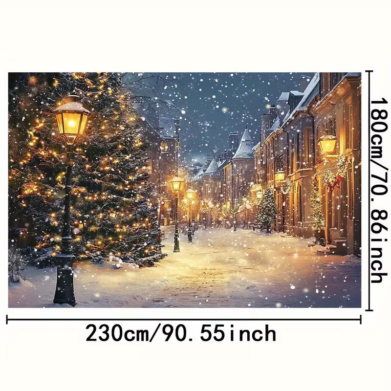 2D Christmas Night Street Scene Backdrop with Lamps & Snowflakes for Holiday Decoration