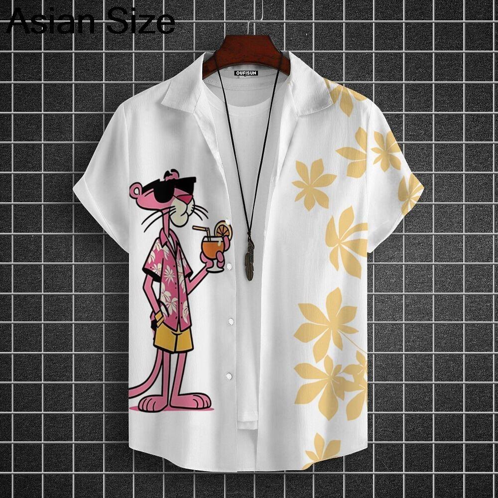 Cartoon Leopard Grafik Herren Kurzarm Hemd mit Kragen Oberteile Unisex Rosa Knopfleiste Hawaiian Hemden Sommer Täglich Damen Blusen