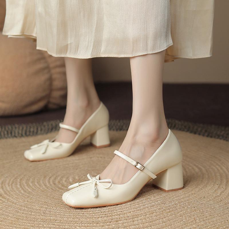 Bow square head Mary Jane shoes women's spring and autumn sheepskin light mouth thick heel single shoes high heel
